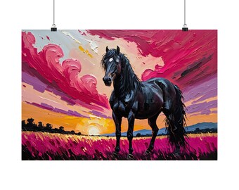 Black Horse Pink Sunset Oil Painting Print | Wild Equine Wall Art