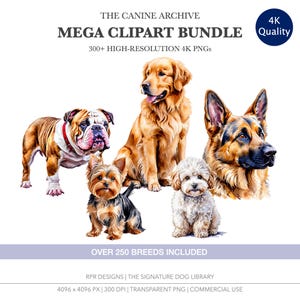 Watercolor dog clipart mega bundle cover featuring Bulldog, Yorkie, Golden Retriever, and Poodle.