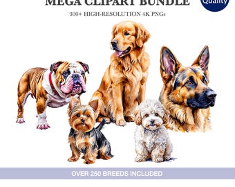 Watercolor Dog Breed Clipart Bundle, 4K Transparent PNGs, Commercial Use