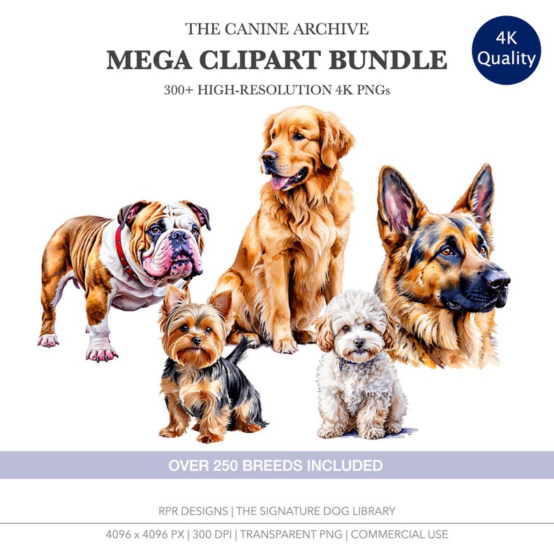Watercolor dog clipart mega bundle cover featuring Bulldog, Yorkie, Golden Retriever, and Poodle.