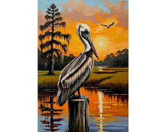 Pelican Bayou Sunset Oil Painting Poster | Louisiana Wildlife Wall Art | Coastal Bird Print