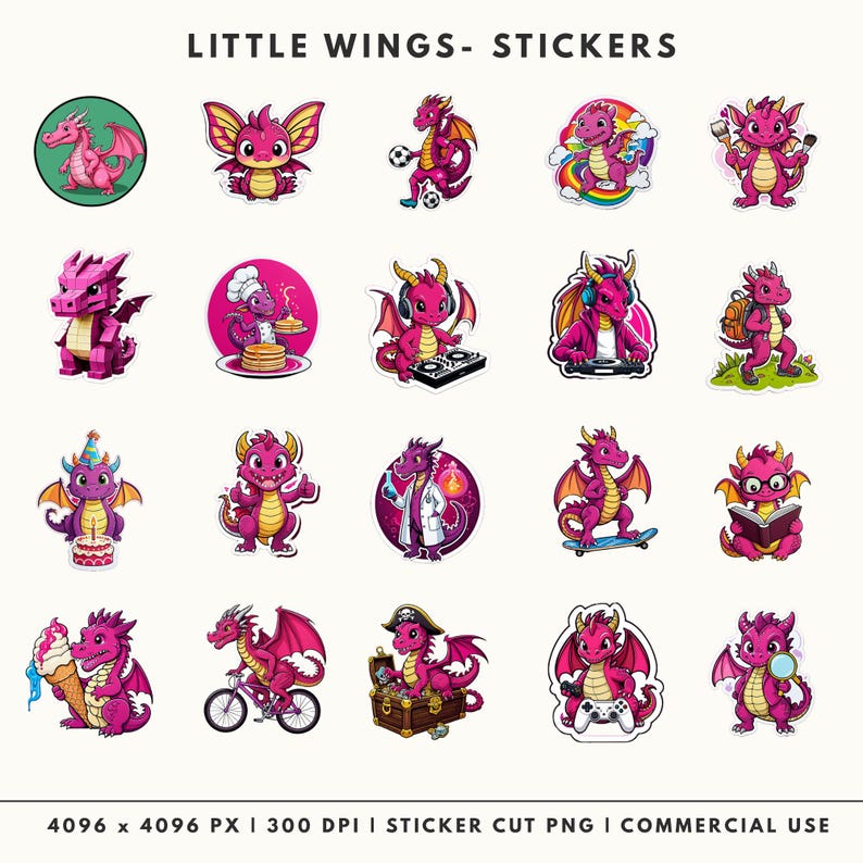 20 Little Wings cute dragon stickers featuring various characters like a chef, gamer, and scientist dragons.