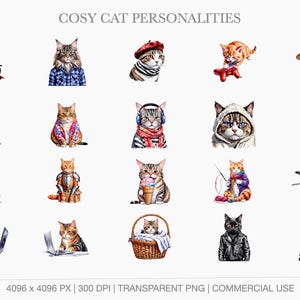 A display grid of 20 quirky cat designs featuring a vampire cat, a graduate, a hipster cat with a scarf and headphones, a cat holding an avocado, an armor-clad knight cat, and a couple of cats using laptops.