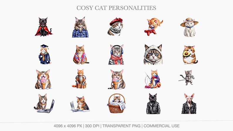 A display grid of 20 quirky cat designs featuring a vampire cat, a graduate, a hipster cat with a scarf and headphones, a cat holding an avocado, an armor-clad knight cat, and a couple of cats using laptops.