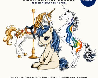 Carousel Dreams Unicorn Clipart Bundle: 48 Watercolor Fantasy Graphics (4K PNG)