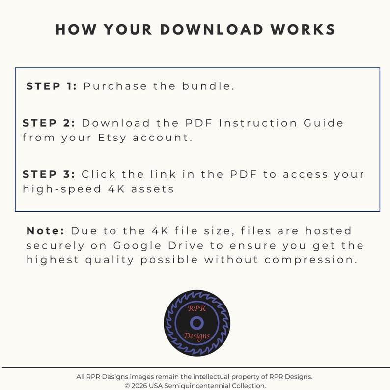 May include: A white graphic detailing the download process for a digital product, with the heading "HOW YOUR DOWNLOAD WORKS". Instructions include purchasing, downloading a PDF, and accessing 4K assets. A logo is at the bottom.