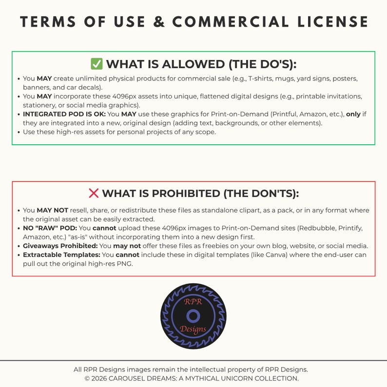 A detailed Terms of Use and Commercial License infographic showing what is allowed (physical products, integrated POD) and what is prohibited (reselling raw files, giveaways) for the Carousel Dreams collection.