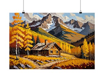 Mountain Cabin Autumn Oil Painting Poster | Fall Landscape Wall Art | Aspen Tree Nature Print