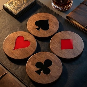 Walnut Playing Card Coasters | Poker Night Game Room Decor Set