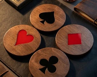 Walnut Playing Card Coasters | Poker Night Game Room Decor Set