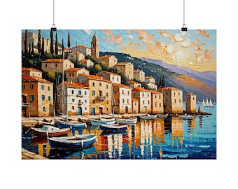 Mediterranean Harbor Village Oil Painting Poster | Italian Coastal Town Wall Art | European Seascape Print