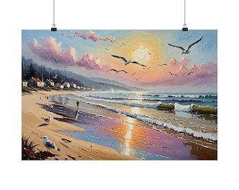 Seaside Sunset Oil Painting | Poster | Coastal Beach Wall Art | Impressionist Seascape Print