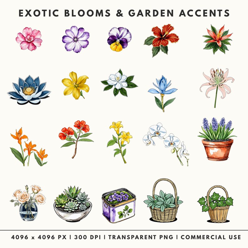 Clipart set of exotic flowers and garden decor, including blue lotus flowers, orchids, orange lilies, a succulent bowl, and a vintage purple flower tin.