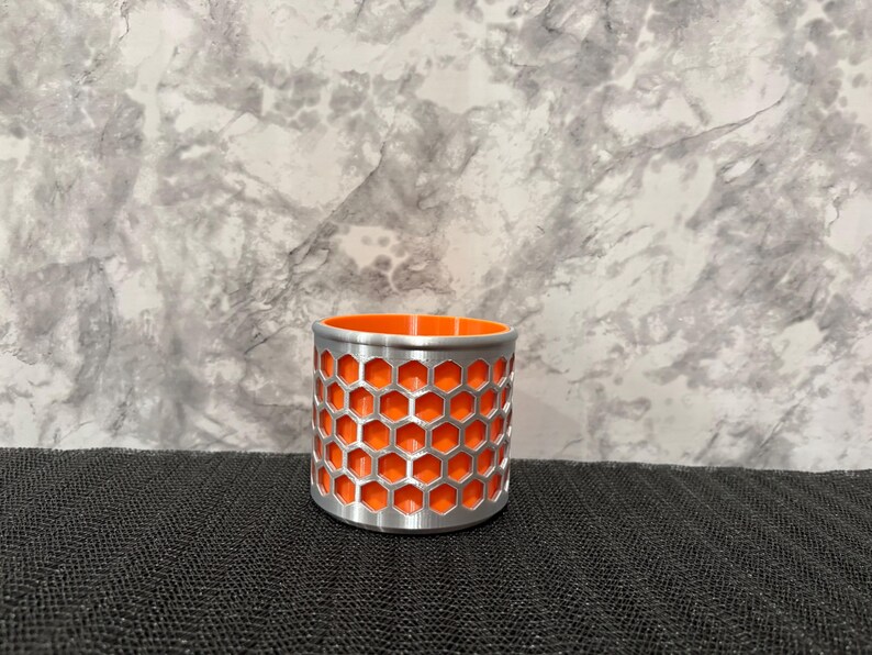 Honeycomb Pencil Holder - Modern Geometric Desk Organizer - Hexagon Office Pen Cup Silver & Orange