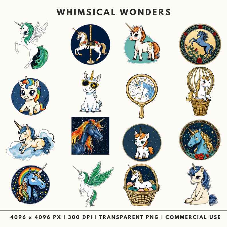 A grid of 16 whimsical unicorn icons including a unicorn in a hot air balloon, a chibi stargazer unicorn, a unicorn wearing sunglasses, and various circular floral unicorn emblems.