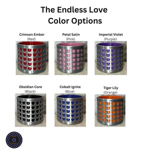 A color guide for the Endless Love lattice heart cup featuring silver exteriors with various vibrant interior colors and names.