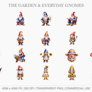Everyday life gnomes featuring gardening themes, sunflowers, sunglasses, lounging in hammocks, and backyard leisure.