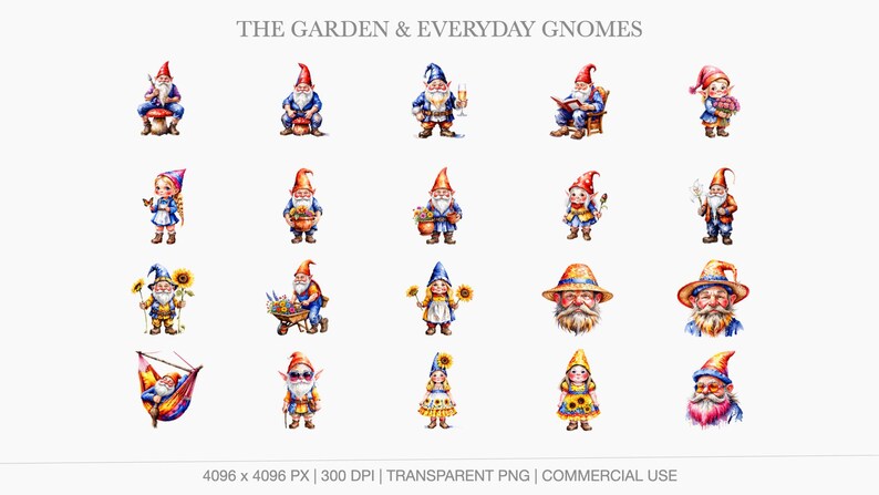 Everyday life gnomes featuring gardening themes, sunflowers, sunglasses, lounging in hammocks, and backyard leisure.