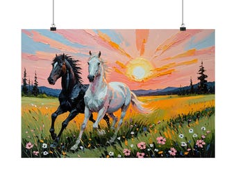 Two Horses Wildflower Sunset Oil Painting Print | Black and White Horse Wall Art