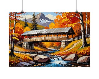 Covered Bridge Autumn Oil Painting Poster | Fall Landscape Wall Art | Mountain Stream Nature Print