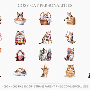 A display grid of 20 detailed cat watercolor paintings featuring a cat reading a map, a grumpy cat in a bowl of cereal, an artist cat painting at an easel, a cat eating a slice of pizza, a scientist cat in a lab coat, and a cat staring at a high stack of pancakes.