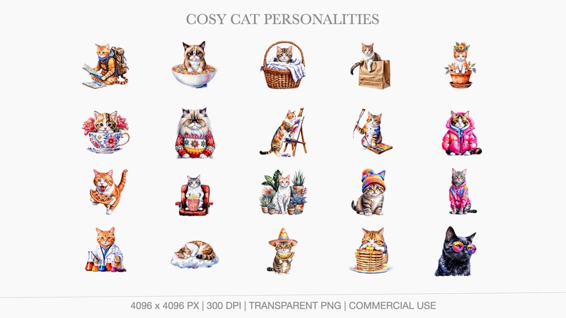 A display grid of 20 detailed cat watercolor paintings featuring a cat reading a map, a grumpy cat in a bowl of cereal, an artist cat painting at an easel, a cat eating a slice of pizza, a scientist cat in a lab coat, and a cat staring at a high stack of pancakes.