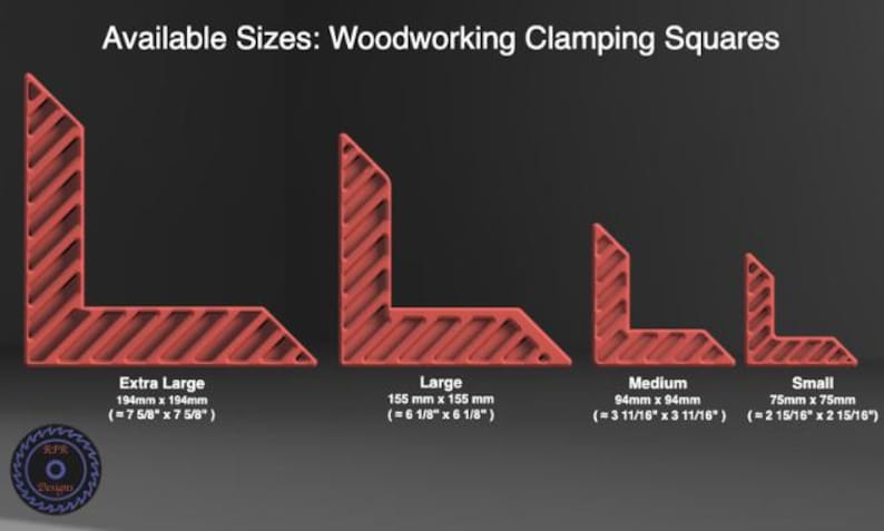May include: Red woodworking clamping squares in four sizes: Extra Large (7 5/8" x 7 5/8"), Large (6 1/8" x 6 1/8"), Medium (3 11/16" x 3 11/16"), and Small (2 15/16" x 2 15/16"). The text "Available Sizes: Woodworking Clamping Squares" is at the top.