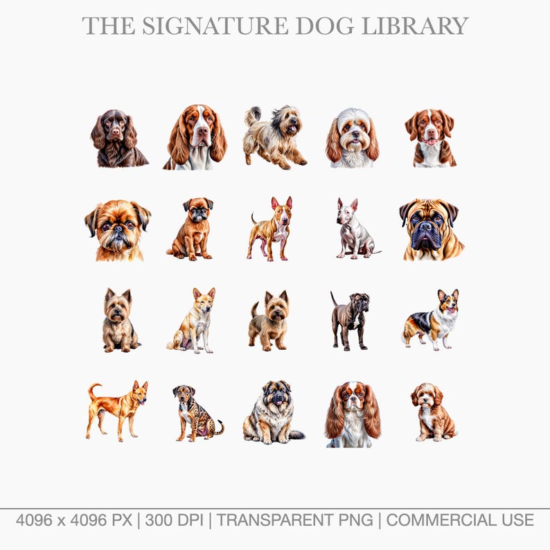 Watercolor illustrations of unique breeds like the Bull Terrier, Brittany Spaniel, and Cavalier King Charles.