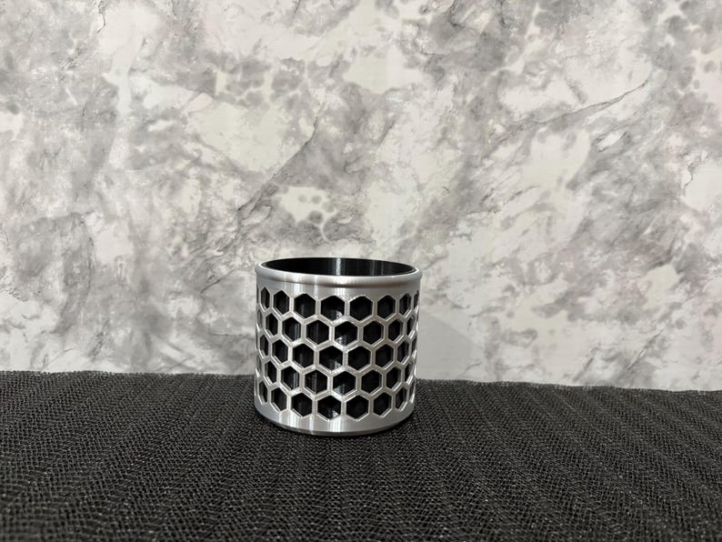 Honeycomb Pencil Holder - Modern Geometric Desk Organizer - Hexagon Office Pen Cup Silver & Black