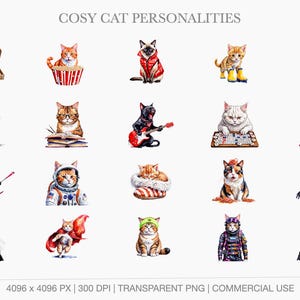 A display grid of 20 whimsical cat illustrations showing a kitten in a pizza box, a cat eating popcorn, a rockstar cat playing an electric guitar, a cat playing bingo, a skier, and a cat skateboarding.