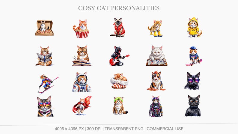 A display grid of 20 whimsical cat illustrations showing a kitten in a pizza box, a cat eating popcorn, a rockstar cat playing an electric guitar, a cat playing bingo, a skier, and a cat skateboarding.