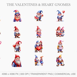 Valentine’s Day themed gnomes with hearts, love letters, chocolate, and romantic gestures in soft watercolor style.