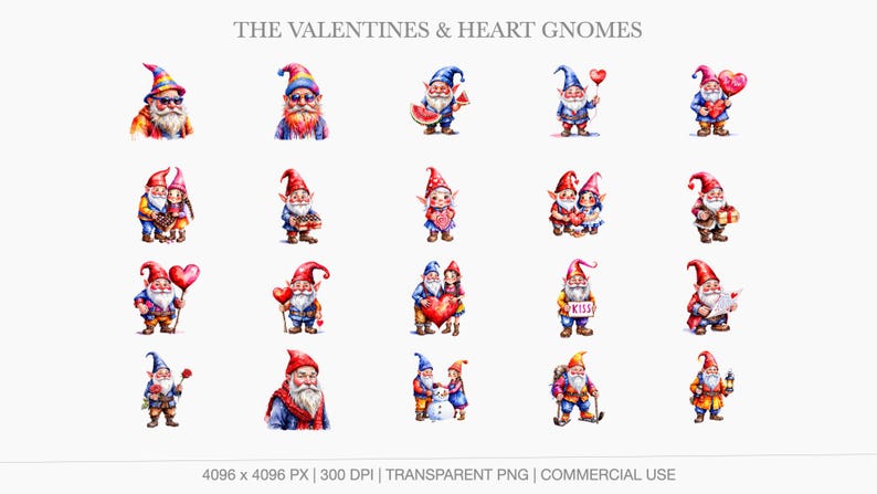 Valentine’s Day themed gnomes with hearts, love letters, chocolate, and romantic gestures in soft watercolor style.