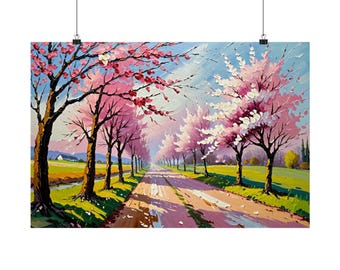 Cherry Blossom Avenue Oil Painting Poster | Spring Landscape Wall Art | Pink Blossom Tree Print
