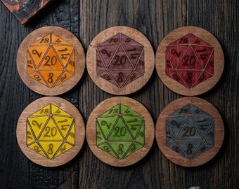 D20 Coaster  Set of 6 | Laser-Engraved Basswood DnD Decor | TTRPG Game Night Accessory
