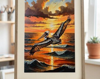 Pelican in Flight Sunset Oil Painting Poster | Coastal Wildlife Wall Art | Ocean Bird Print