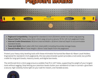 Pegboard Horizontal Level Holder - Fits 1/4" Holes - Spirit Level Cradle & Box-Beam Storage