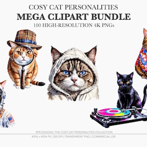 Main cover graphic for a 100 piece cat clipart mega bundle featuring five large, highly detailed watercolor cats: an astronaut cat, a detective cat with a magnifying glass, a grumpy cat in a winter hoodie, a black cat DJ on a colorful turntable, and a cat wearing a Hawaiian shirt.