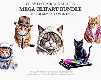 Cosy Cat Personalities Clipart, 100 Watercolor Characters PNG Bundle, Kitten Hobby Sublimation Transparent Graphics