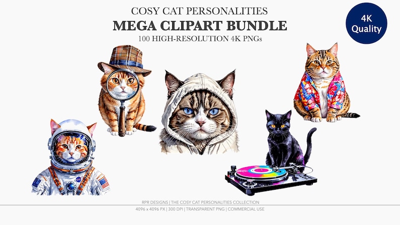 Main cover graphic for a 100 piece cat clipart mega bundle featuring five large, highly detailed watercolor cats: an astronaut cat, a detective cat with a magnifying glass, a grumpy cat in a winter hoodie, a black cat DJ on a colorful turntable, and a cat wearing a Hawaiian shirt.