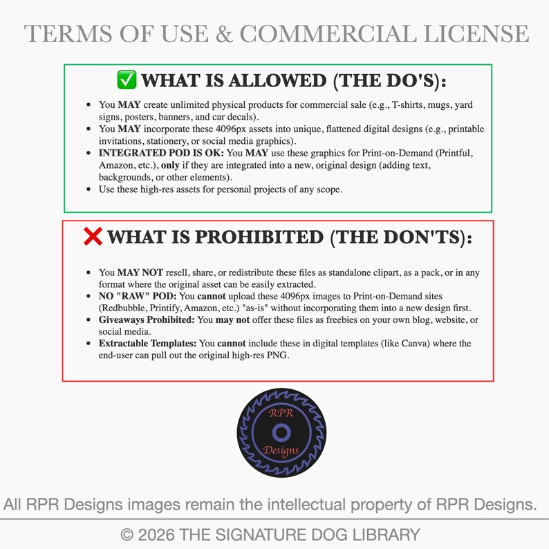 Commercial license and terms of use slide for The Canine Archive, detailing permissions for physical products and small business use.