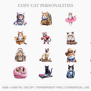 A display grid of 20 transparent watercolor cat characters including an astronaut, a backpacker, a ballerina in a pink tutu, a sailor, a cat in a cardboard box, a boxing cat, a chef, and a king with a golden crown.