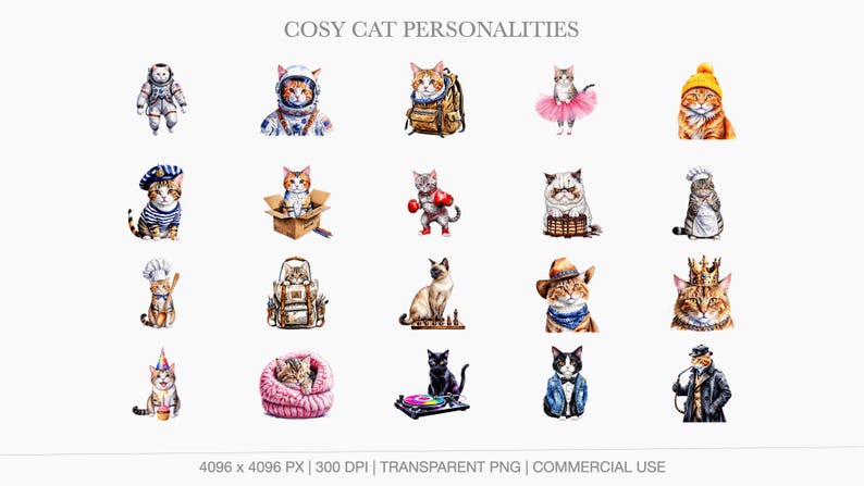 A display grid of 20 transparent watercolor cat characters including an astronaut, a backpacker, a ballerina in a pink tutu, a sailor, a cat in a cardboard box, a boxing cat, a chef, and a king with a golden crown.