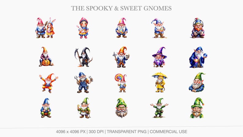 Variety of Halloween and Easter gnomes including a grim reaper gnome, wizard gnome, and gnomes with bunnies and pumpkins.