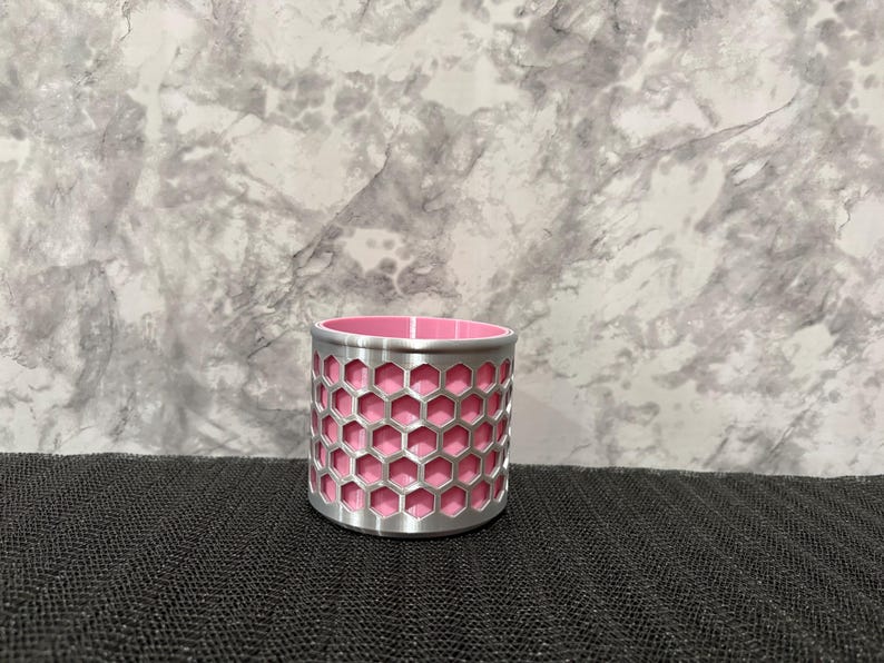 Honeycomb Pencil Holder - Modern Geometric Desk Organizer - Hexagon Office Pen Cup Silver & Pink