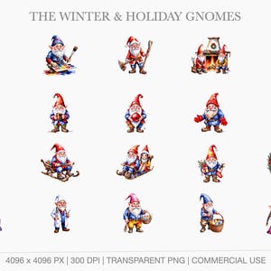 Collection of watercolor winter gnomes featuring Christmas themes, sledding, skiing, cozy fireplaces, and Santa gnomes.