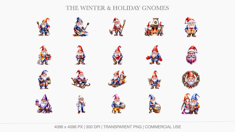 Collection of watercolor winter gnomes featuring Christmas themes, sledding, skiing, cozy fireplaces, and Santa gnomes.