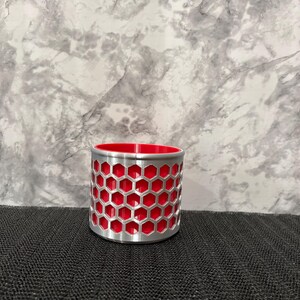 Honeycomb Pencil Holder - Modern Geometric Desk Organizer - Hexagon Office Pen Cup Silver & Red
