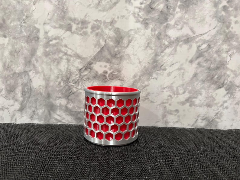 Honeycomb Pencil Holder - Modern Geometric Desk Organizer - Hexagon Office Pen Cup Silver & Red