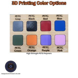 A grid of color swatches for the pegboard accessories including Red, Blue, Green, Black, Gray, Orange, Pink, and Purple.